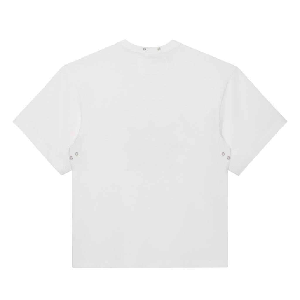 White 100% cotton standard fit tee featuring silver-tone metal eyelets at the underarms and neckline.