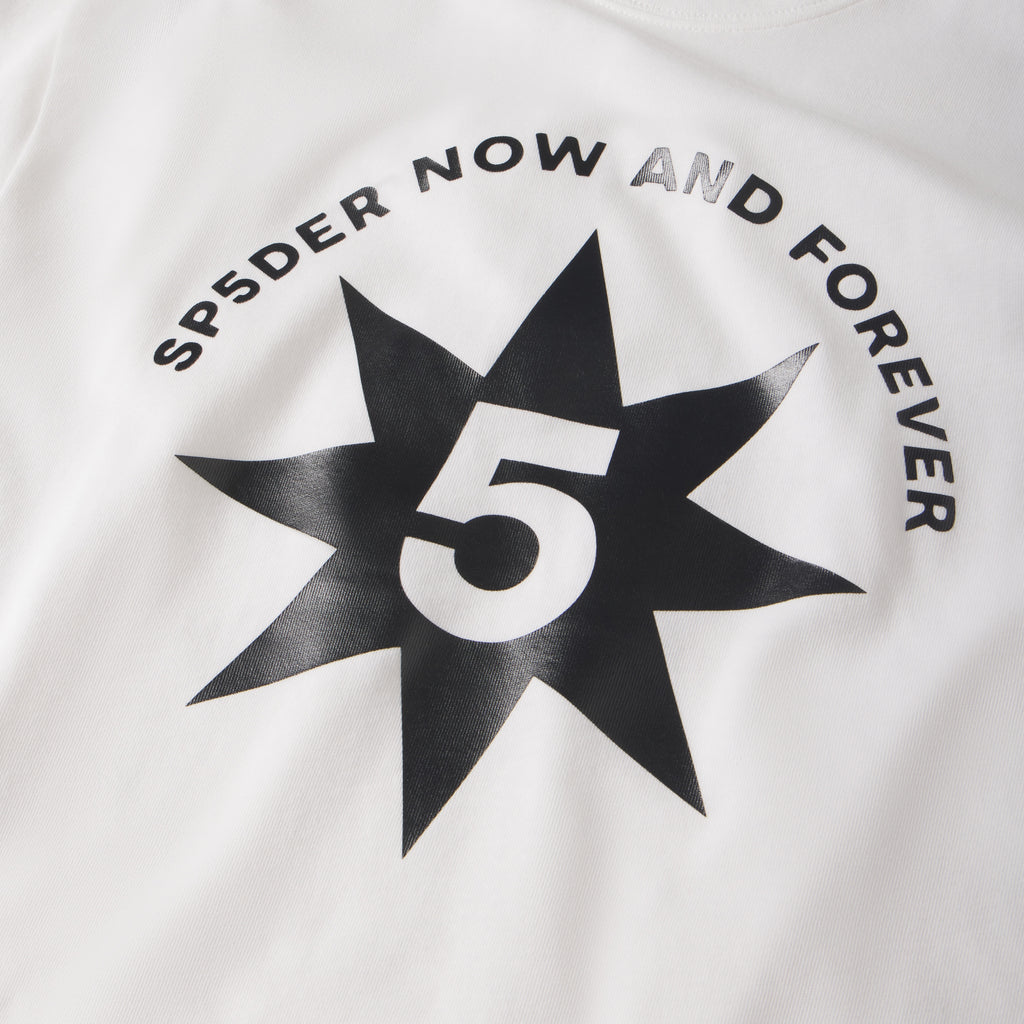 White 100% cotton tee featuring a black star graphic print with a white number 5 and SP5DER NOW AND FOREVER text.