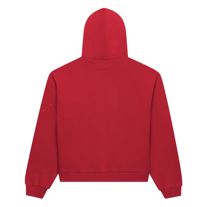 Red 100% cotton fleece zip hoodie with subtle scattered star print on sleeve.