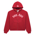 Red 13oz cotton fleece Angel Number Zip Hoodie with pink 555 print, spiderweb, and scattered stars.