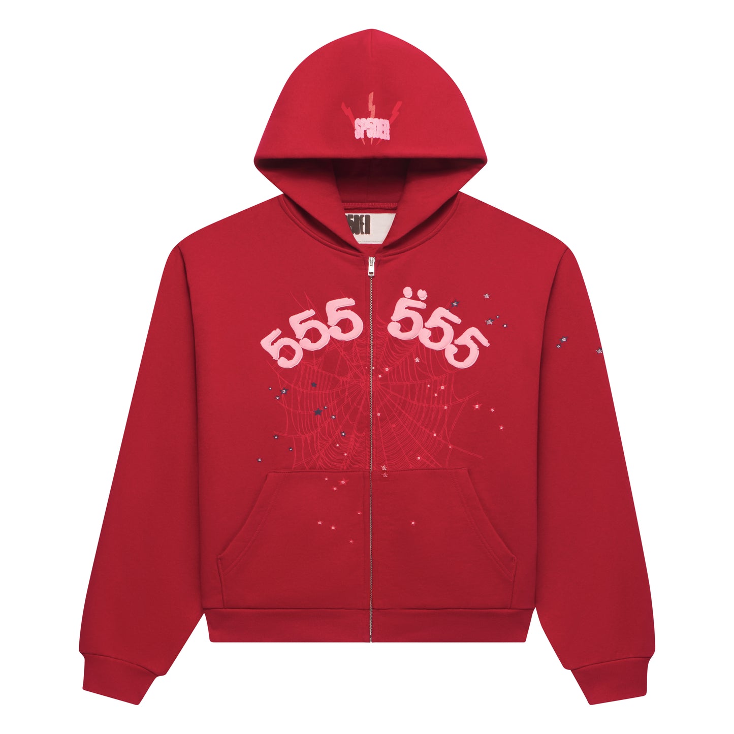 Red 13oz cotton fleece Angel Number Zip Hoodie with pink 555 print, spiderweb, and scattered stars.
