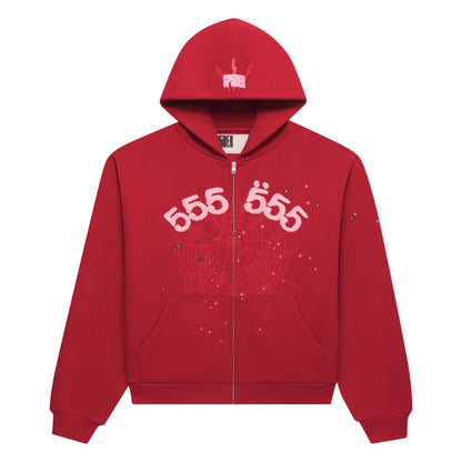 Red 13oz cotton fleece Angel Number Zip Hoodie with pink 555 print, spiderweb, and scattered stars.