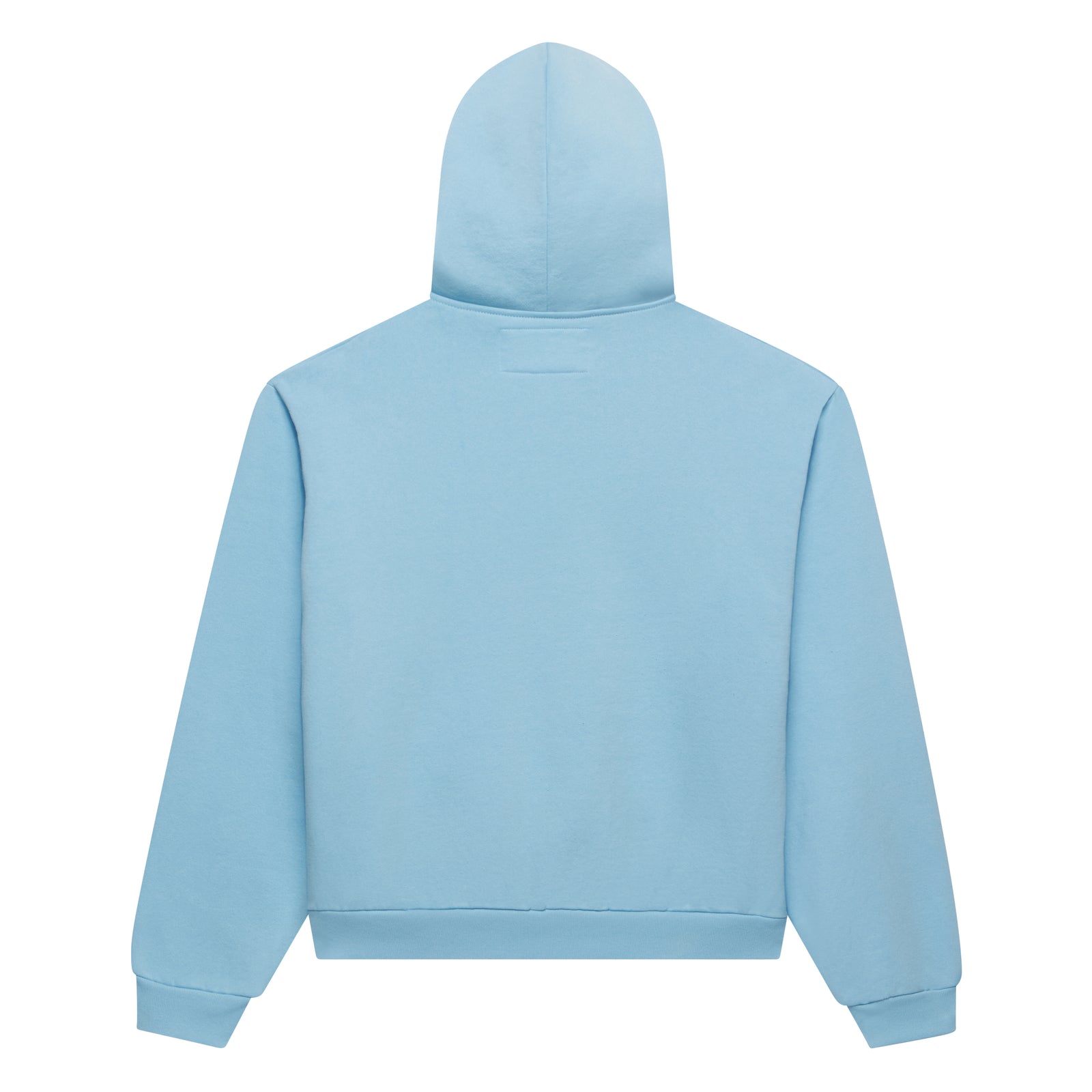 Light blue 13oz cotton fleece zip-up hoodie with rib knit hem and cuffs, back view.