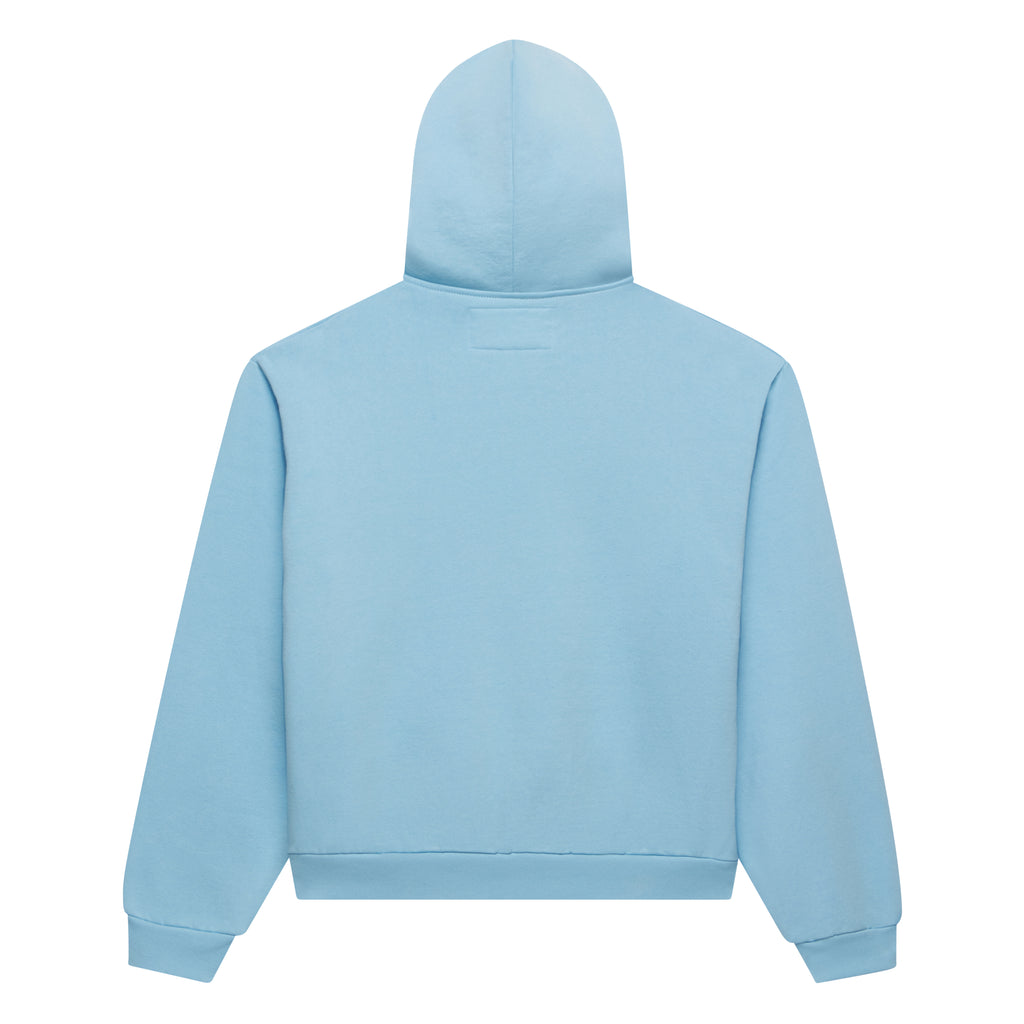 Light blue 13oz cotton fleece zip-up hoodie with rib knit hem and cuffs, back view.