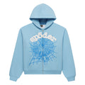 Light blue 13oz cotton fleece zip-up hoodie with white "sp5der" puff print and blue spider web design.