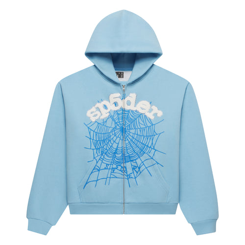 Light blue 13oz cotton fleece zip-up hoodie with white "sp5der" puff print and blue spider web design.
