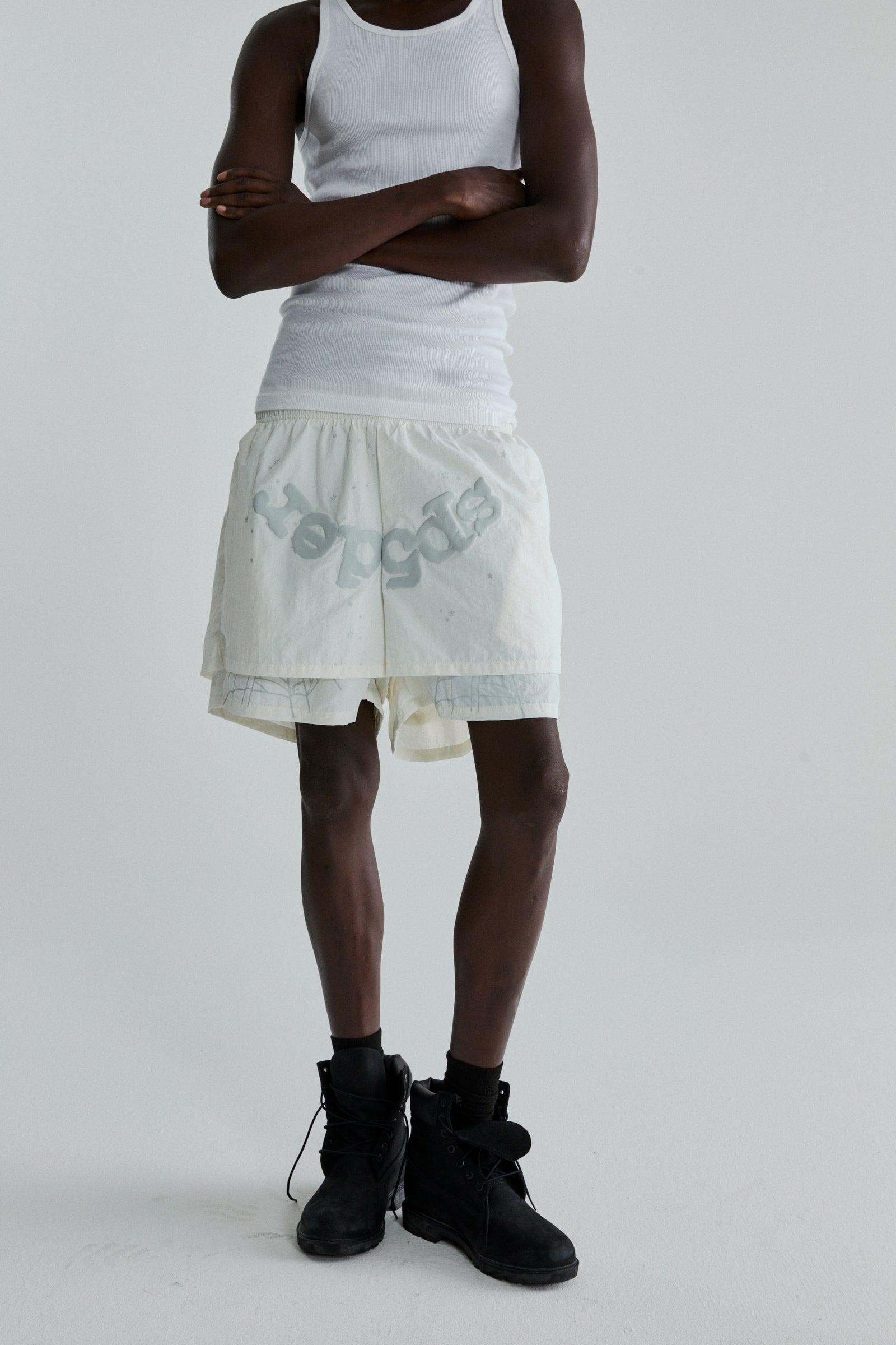 White OG WEB Double Layer Short with OG SP5DER text and star print, 4oz water repellent nylon.