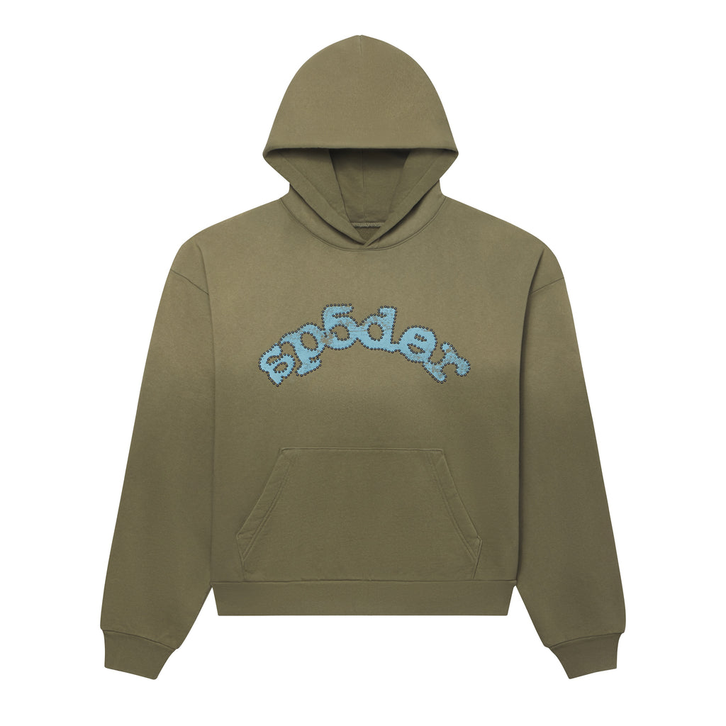 Olive green 13oz cotton fleece hoodie featuring a faded wash, kangaroo pocket, and a blue graphic logo with studded detailing.