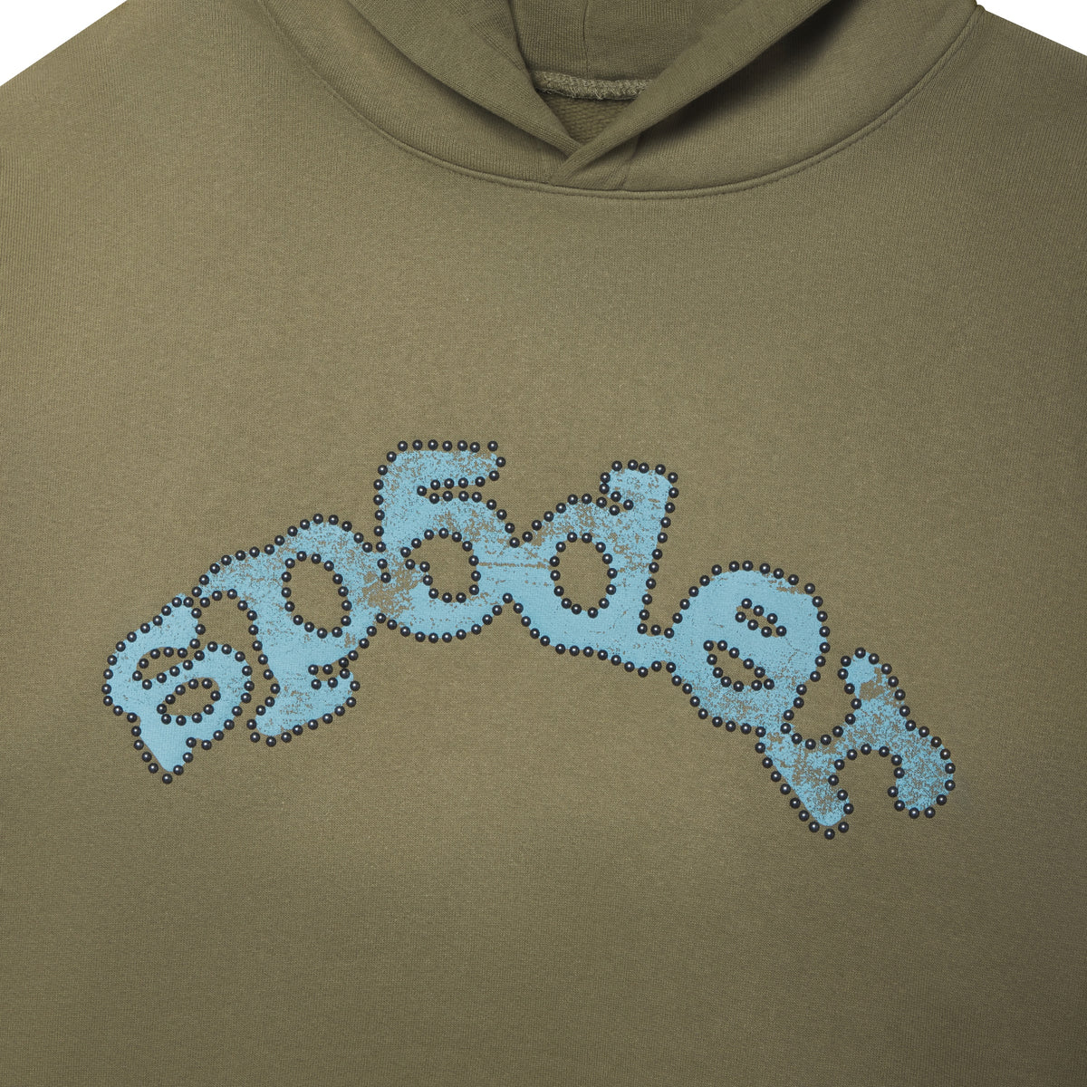 Olive green cotton fleece hoodie featuring a faded blue graphic logo outlined with metallic stud detailing.