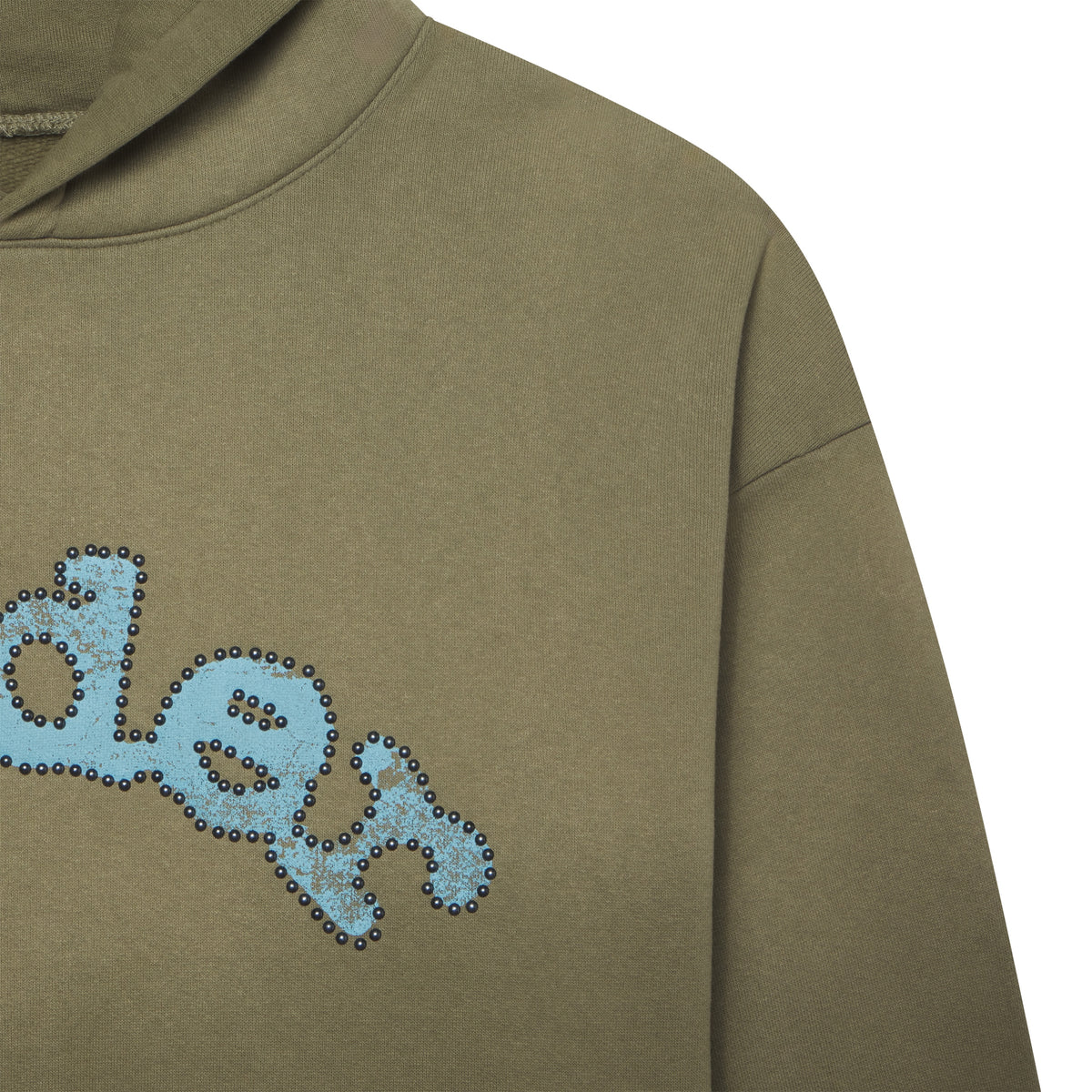 Faded olive green cotton fleece hoodie featuring a blue graphic logo outlined with metallic studs.