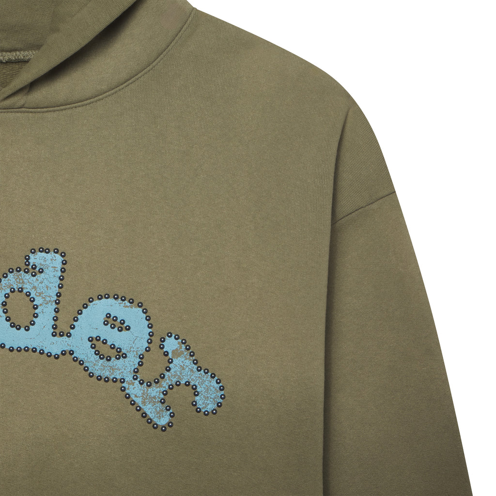 Faded olive green cotton fleece hoodie featuring a blue graphic logo outlined with metallic studs.
