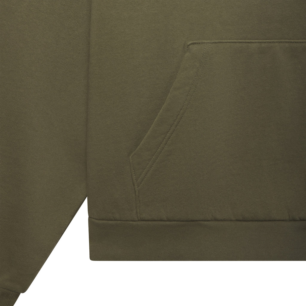 Faded olive green cotton fleece hoodie featuring a kangaroo pocket and ribbed hem detail.