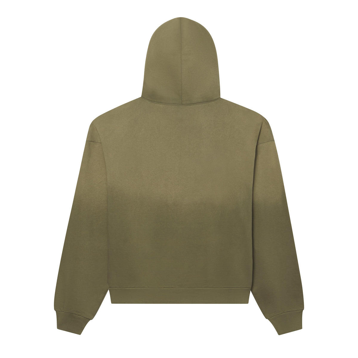 Faded olive green 100% cotton fleece hoodie with a plain back, ribbed cuffs, and a hem.