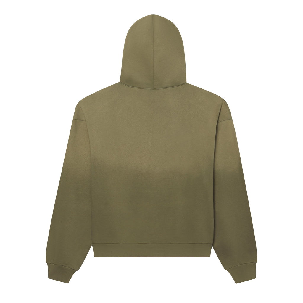 Faded olive green 100% cotton fleece hoodie with a plain back, ribbed cuffs, and a hem.