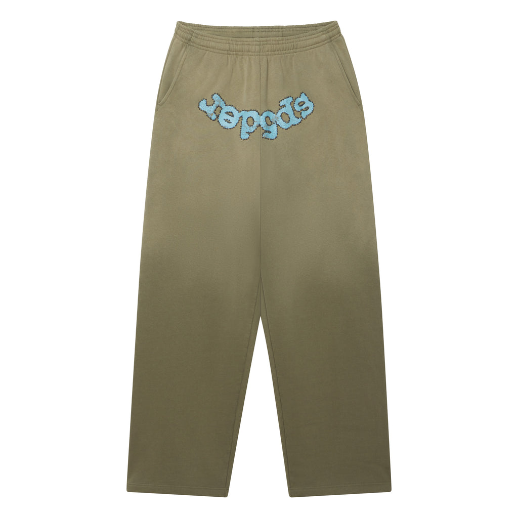 Olive green cotton fleece sweatpants with a wide-leg fit, drawstring waist, and a blue studded OG logo graphic design.
