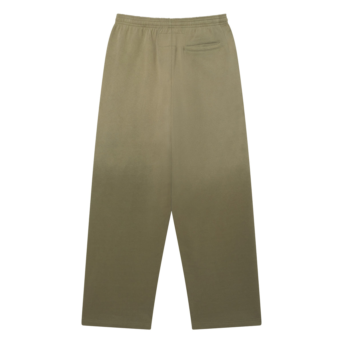 Wide-leg olive cotton fleece sweatpants with a faded wash, elasticized waistband, and single back pocket.