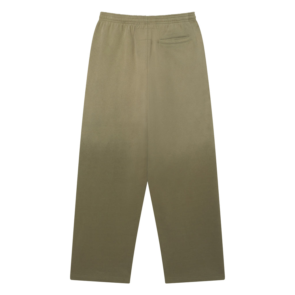 Wide-leg olive cotton fleece sweatpants with a faded wash, elasticized waistband, and single back pocket.