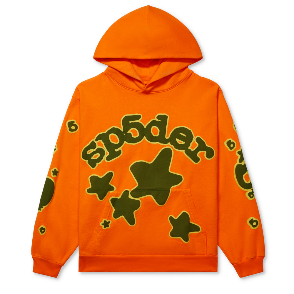 Orange BELUGA HOODIE with green 'SP5DER' puff print and star designs on 23oz fleece.