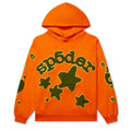 Orange BELUGA HOODIE with green 'SP5DER' puff print and star designs on 23oz fleece.