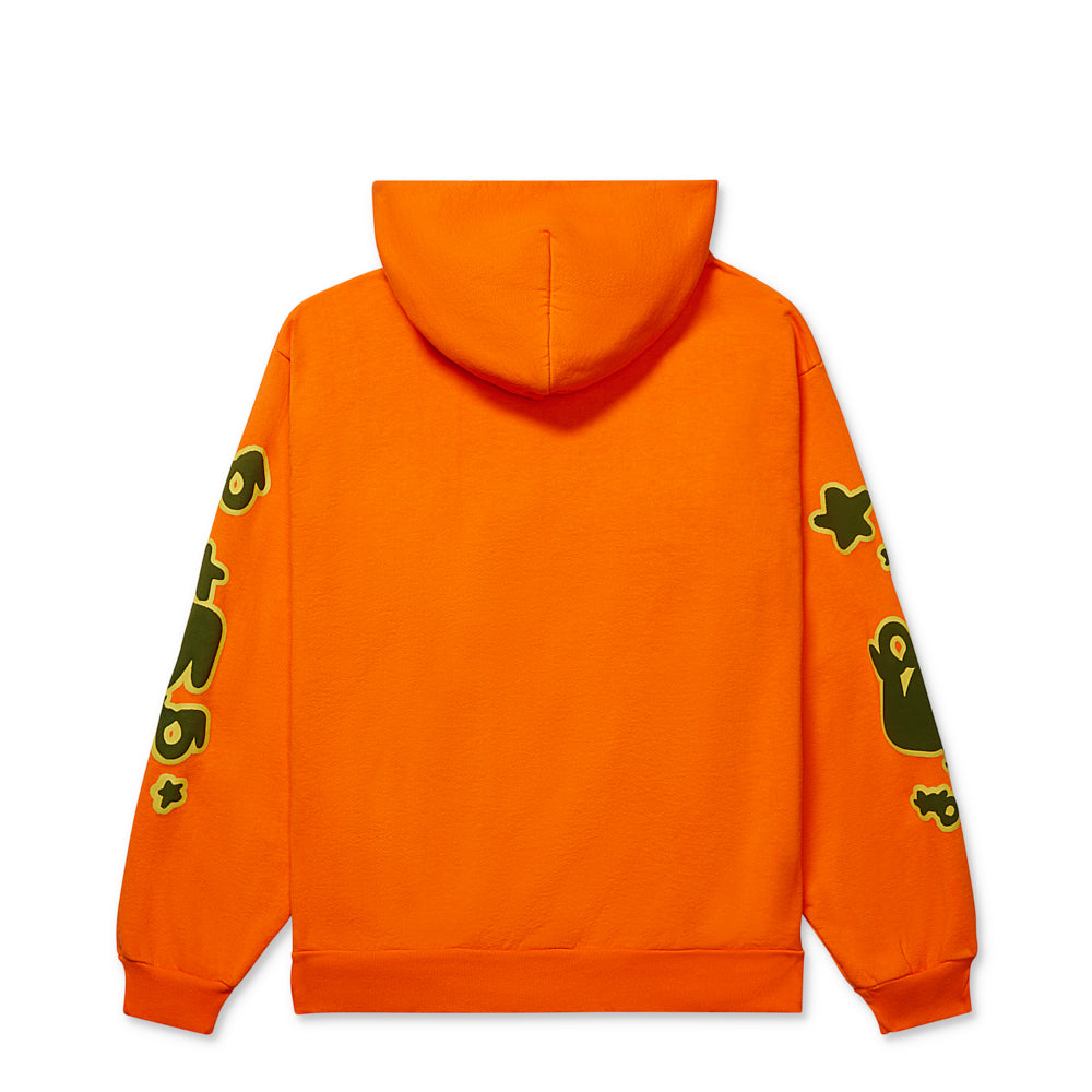 BELUGA HOODIE, orange 23oz fleece, with green puff print on sleeves.