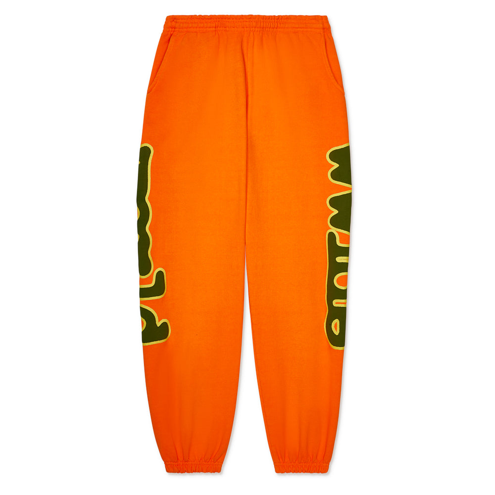 Orange BELUGA SWEATPANT with "Worldwide" puff and discharge print down both legs.