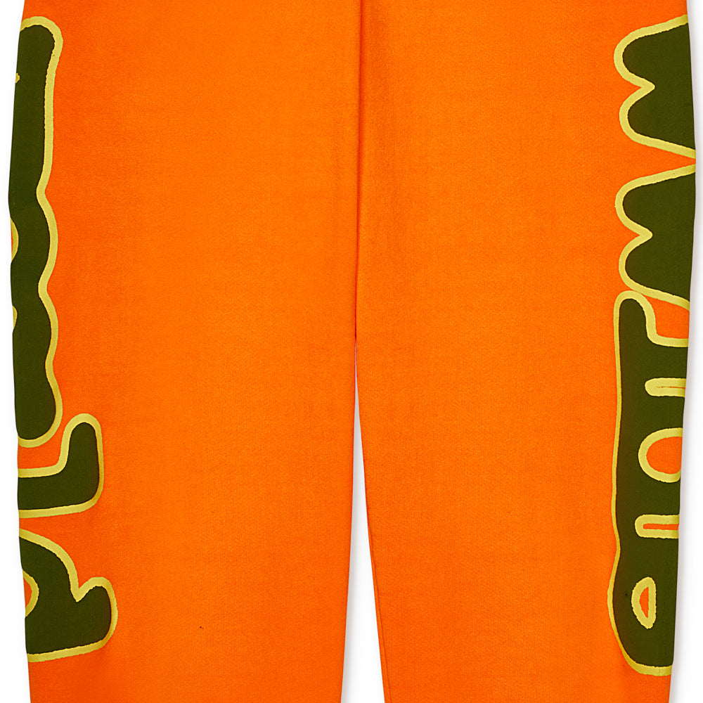 Orange BELUGA SWEATPANT with "Worldwide" puff print down both legs.