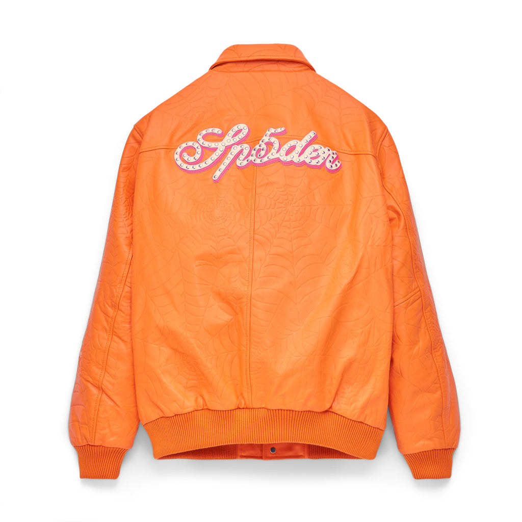 Orange debossed web cowskin leather jacket with "Sp5der" studded text on the back.