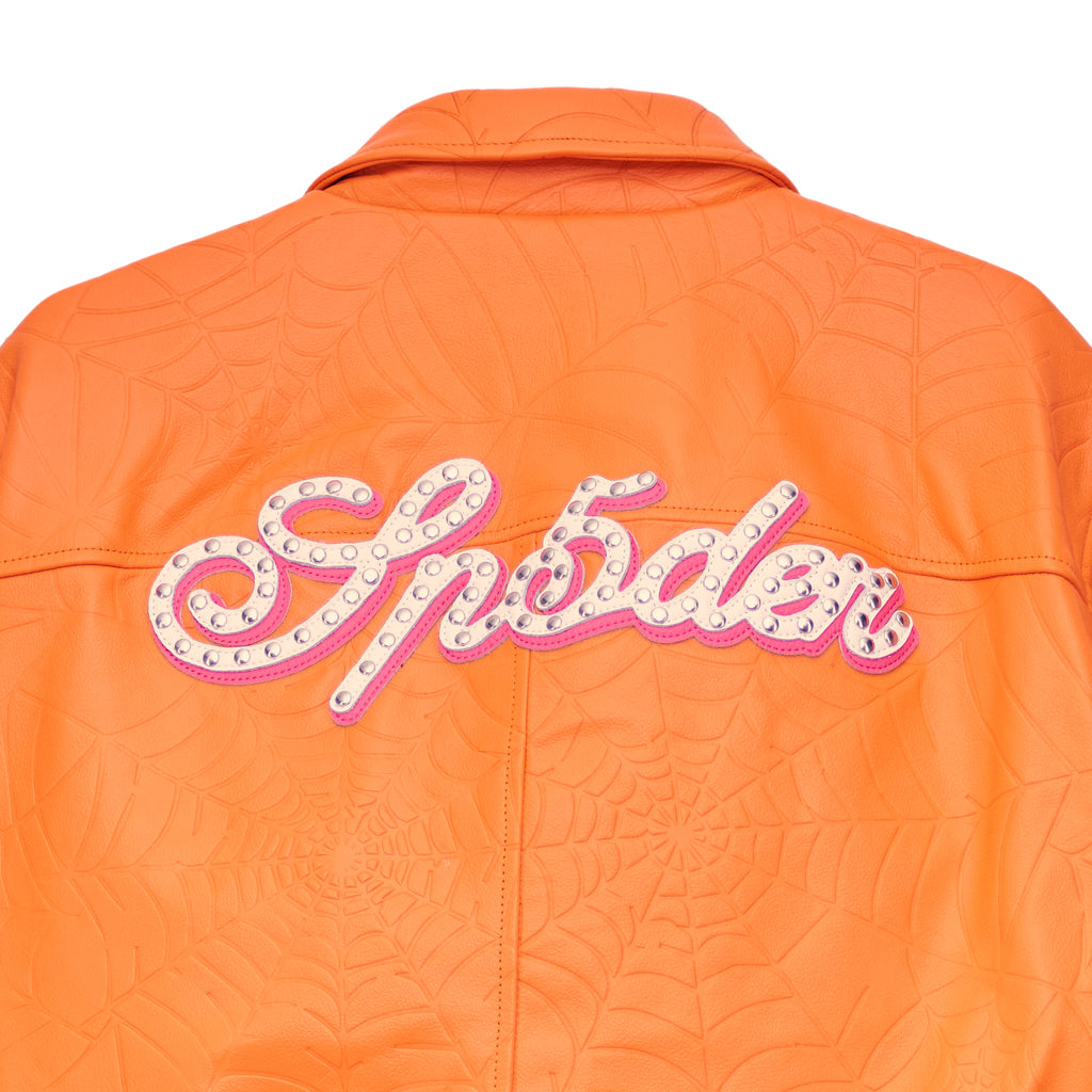 Orange cowskin leather jacket with debossed web design and studded "Spider" text on the back.