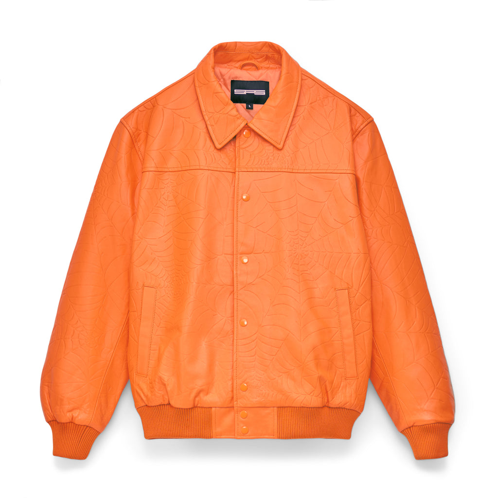 Orange debossed web cowskin leather jacket with spread collar and press-stud closure.