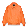 Orange debossed web cowskin leather jacket with spread collar and press-stud closure.