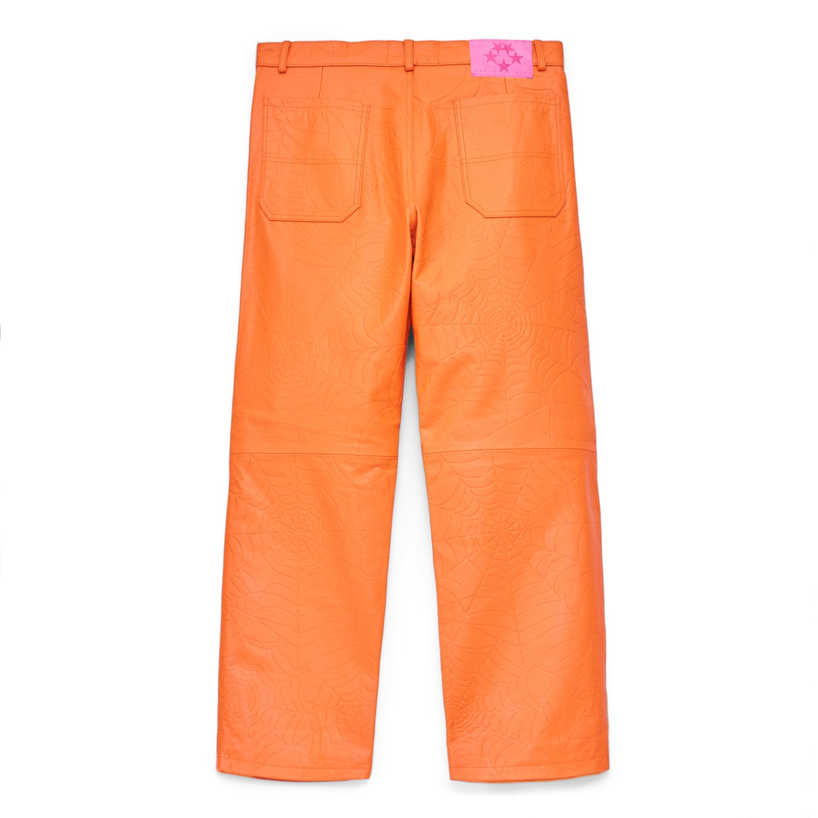 Orange debossed web cowskin leather pants with a pink suede logo patch on the back waistband.
