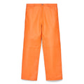 Orange cowskin leather pants with debossed web design, button fly, and belt loops.