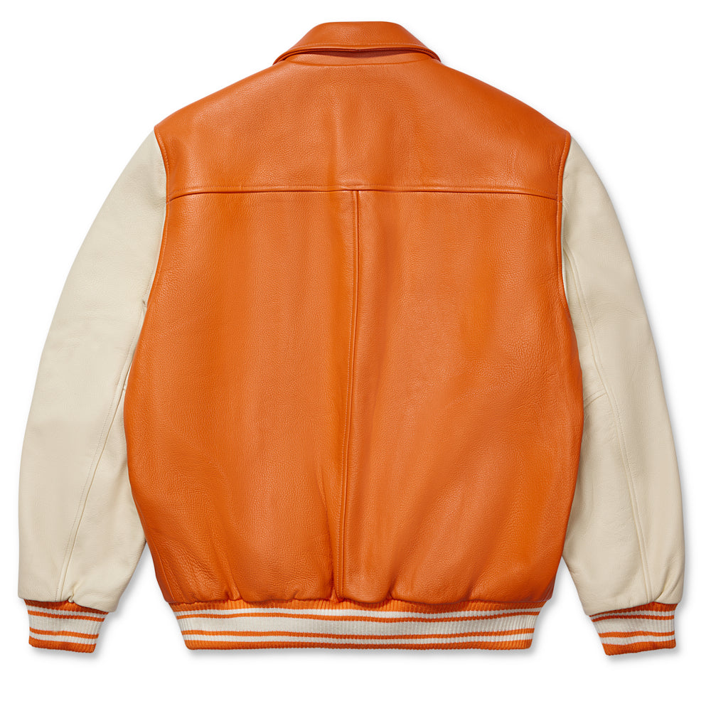 Orange cowskin leather varsity jacket with cream sleeves and striped ribbed trim.