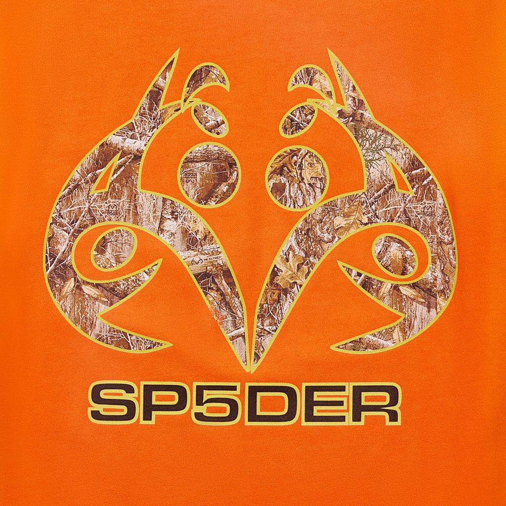 Orange 100% cotton tee with a brown and green Real Tree camo graphic and "SP5DER" text.
