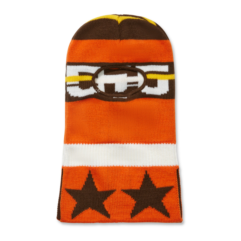 Orange jacquard knit balaclava with "555" and star design, featuring colorblock brown, white, and yellow accents.