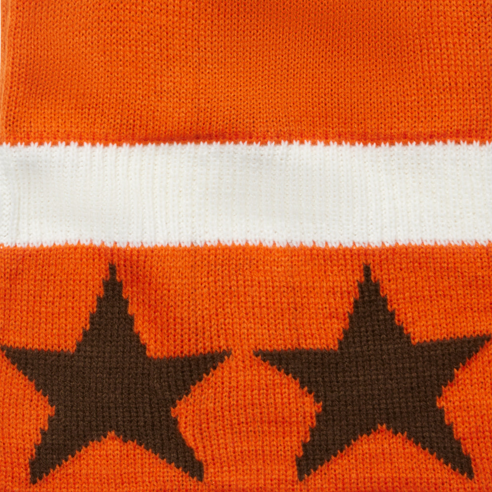 Orange jacquard knit balaclava with white stripe and two brown stars.