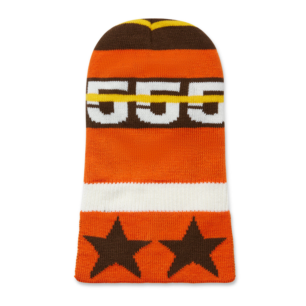 Orange jacquard knit balaclava with "555" and star design, featuring colorblock stripes.