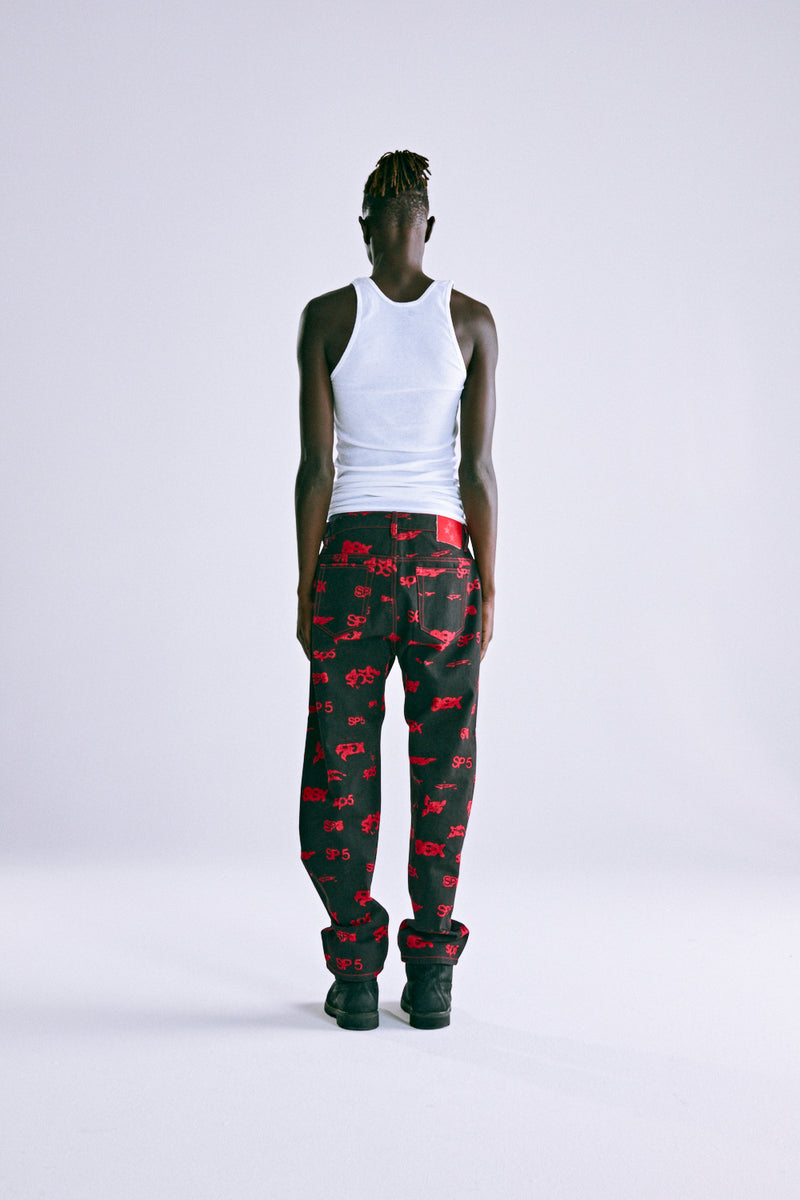 BLACK 5EX AOP DENIM PANT ON MODEL