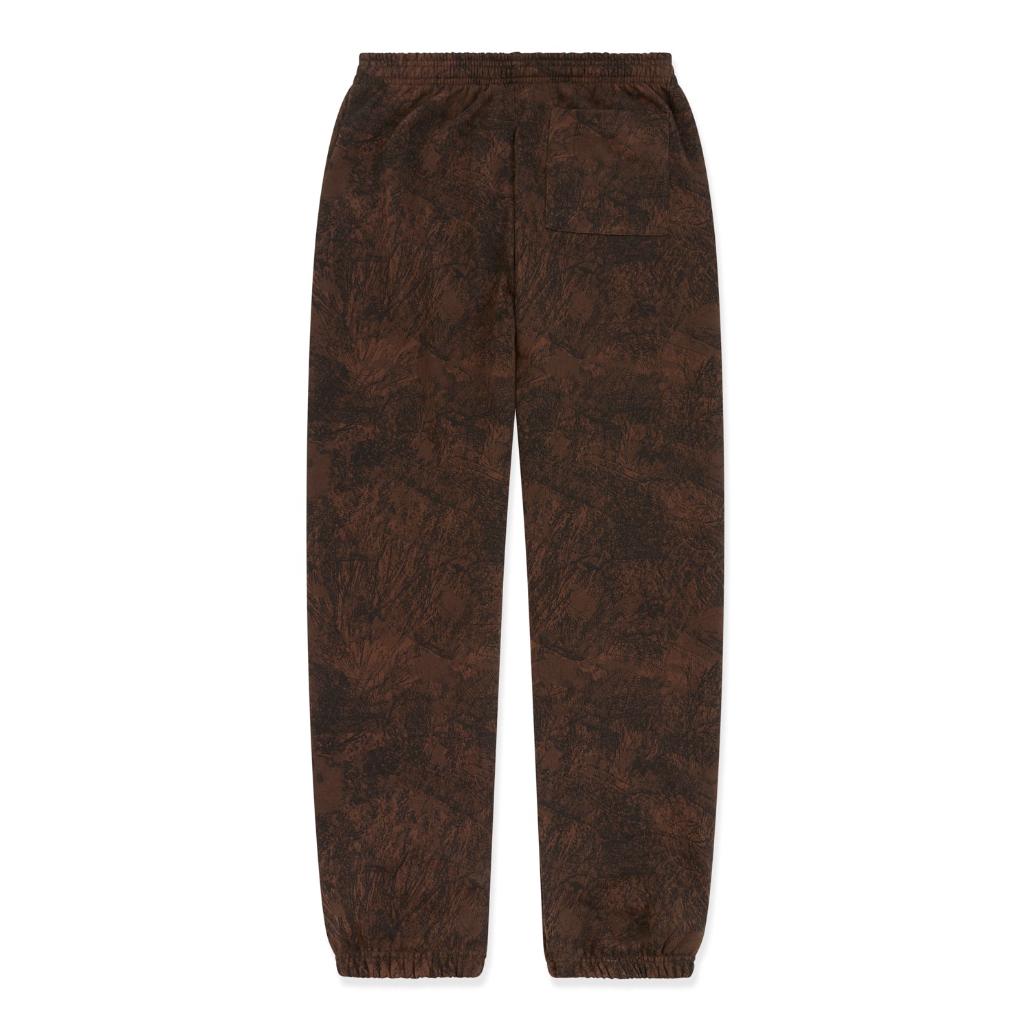 Brown tree camo sweatpants with elasticized waistband and cuffs, and a back pocket.