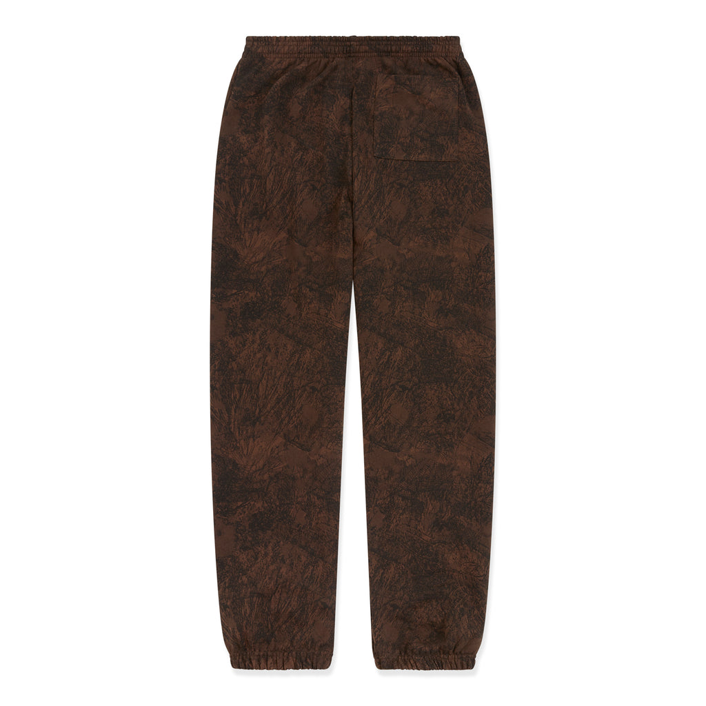 Brown tree camo sweatpants with elasticized waistband and cuffs, and a back pocket.