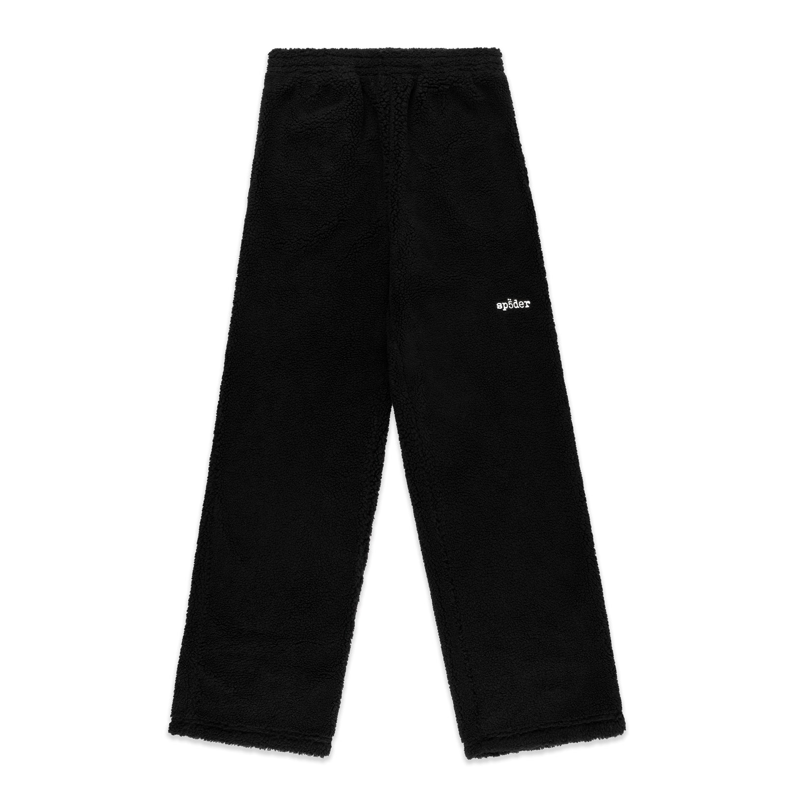 Black teddy fleece pant with white "spider" logo on the leg.