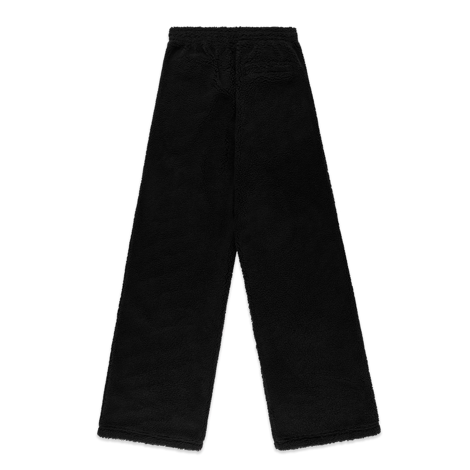 Black teddy fleece pant with elasticized waistband and straight leg fit.