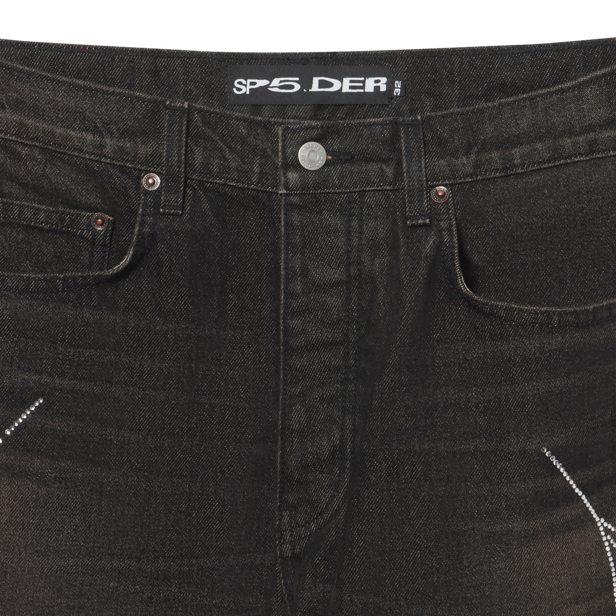 Faded black 13oz denim jeans featuring a rhinestone web graphic print and custom branded metal hardware.