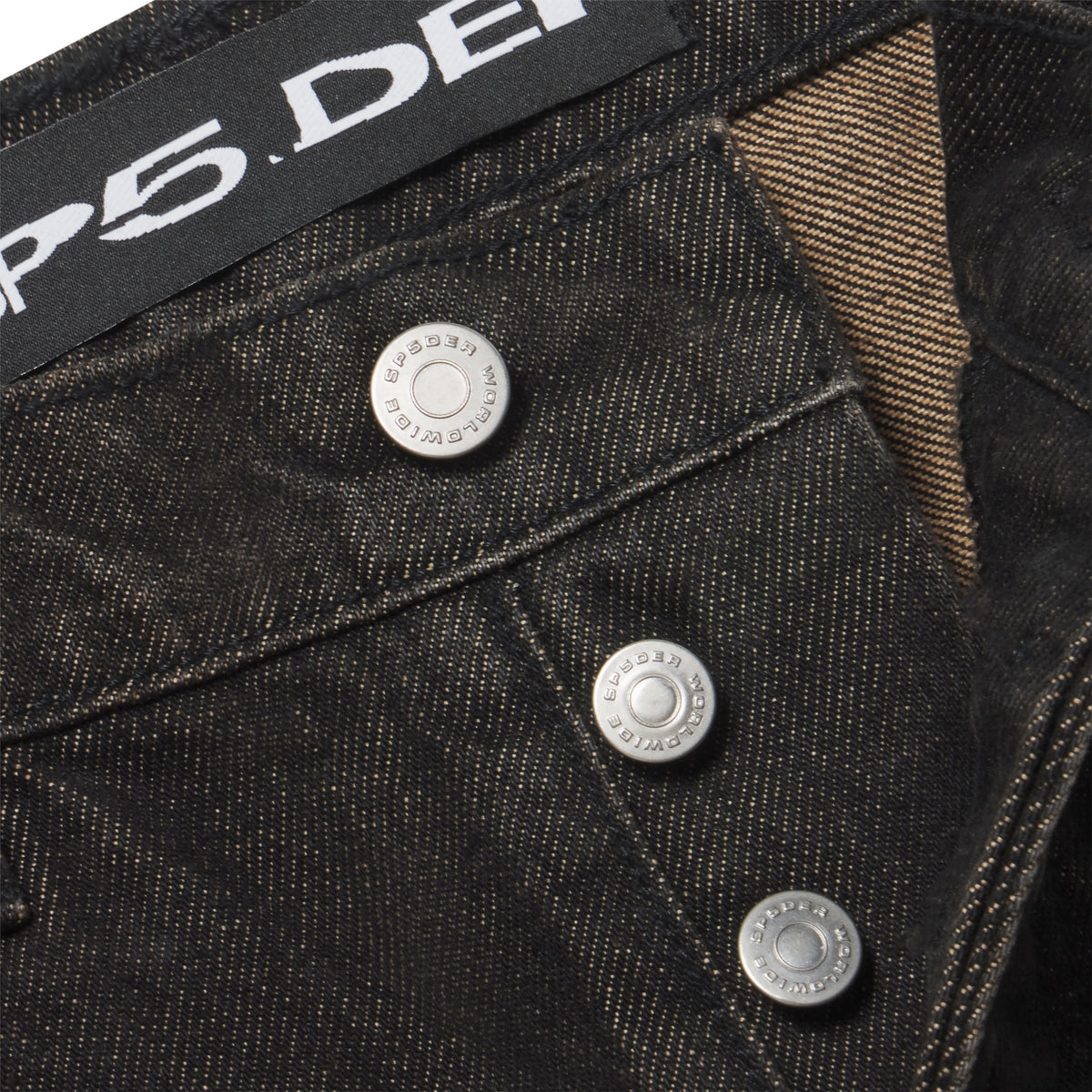 Faded black 13oz denim jeans featuring branded silver shank buttons and a custom interior logo patch.