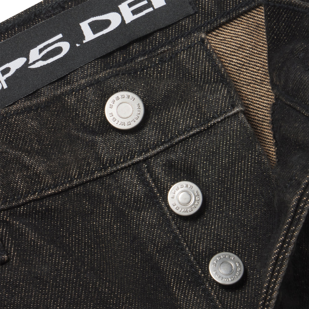 Faded black 13oz denim jeans featuring branded silver shank buttons and a custom interior logo patch.