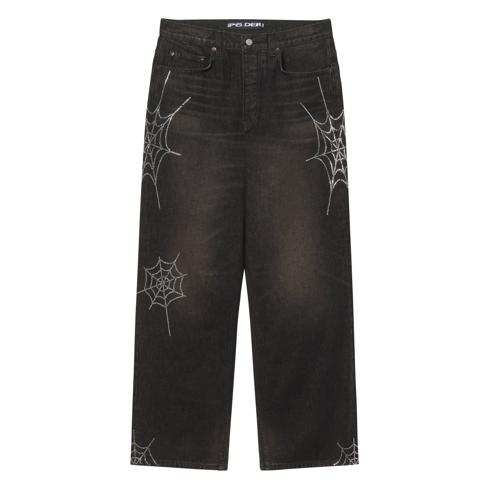 Faded black straight-leg denim jeans featuring sparkling rhinestone web graphic designs throughout.