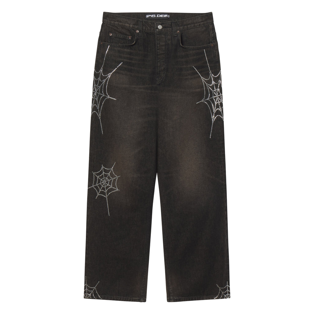 Faded black straight-leg denim jeans featuring sparkling rhinestone web graphic designs throughout.