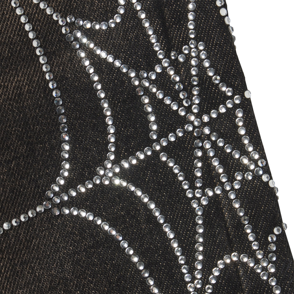 Faded black 13oz denim featuring a detailed rhinestone web graphic design.
