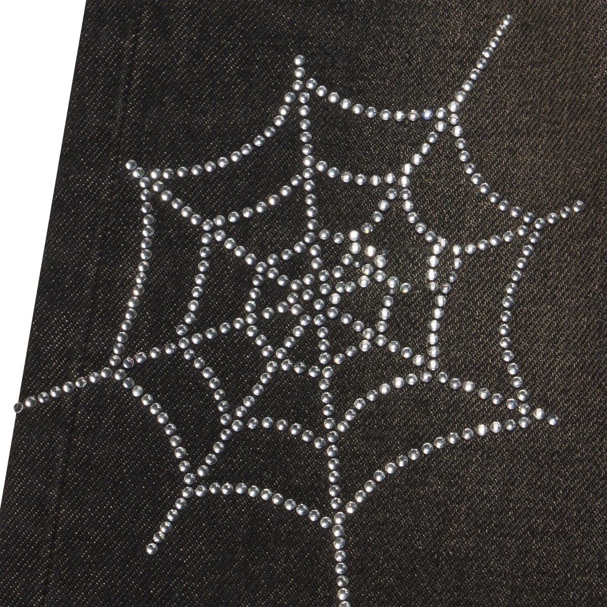 Faded black 13oz denim featuring a detailed rhinestone web graphic print.