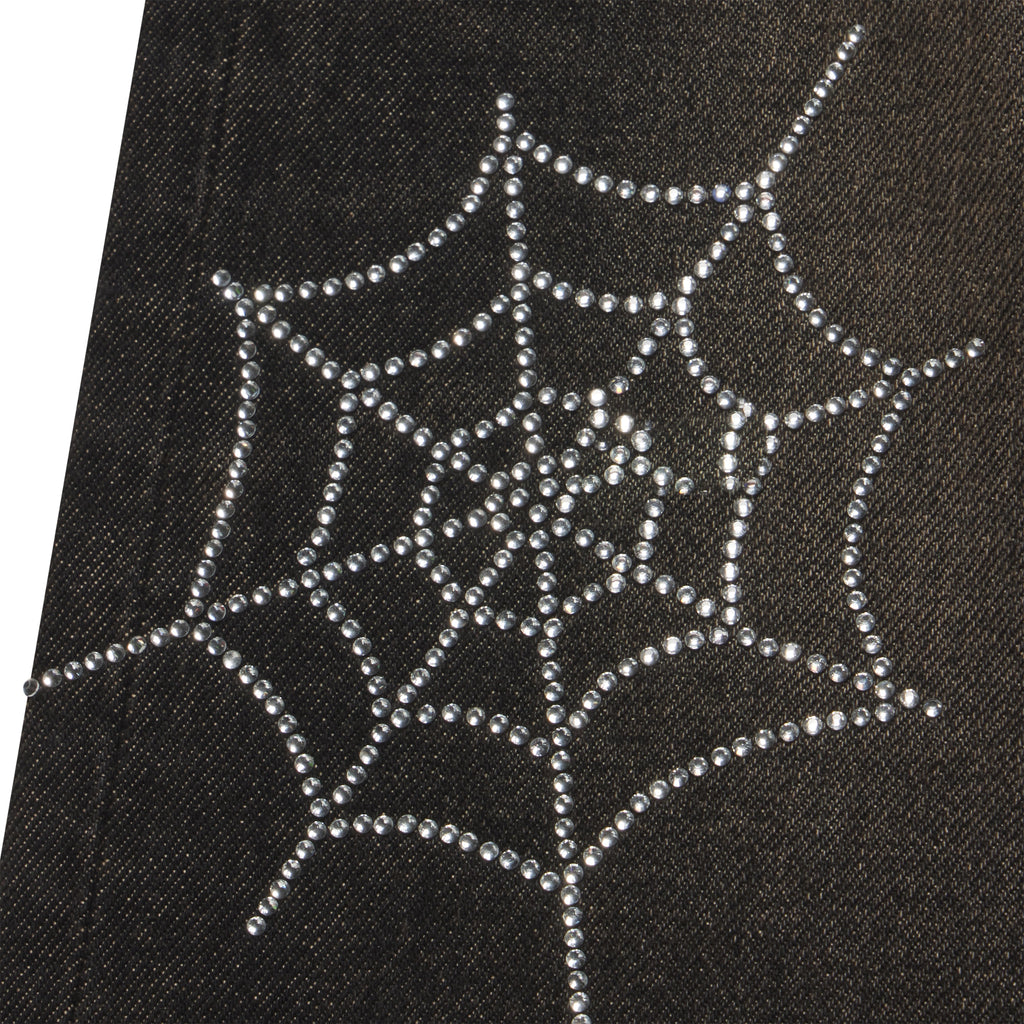 Faded black 13oz denim featuring a detailed rhinestone web graphic print.